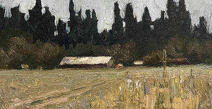 Oil painting of rustic barn house by forest by Volodymyr Pashchenko