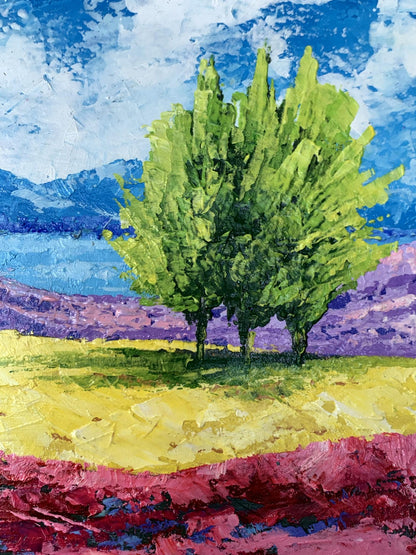 Oil painting of mountain lake and three vibrant green trees by V. Zadorozhnya