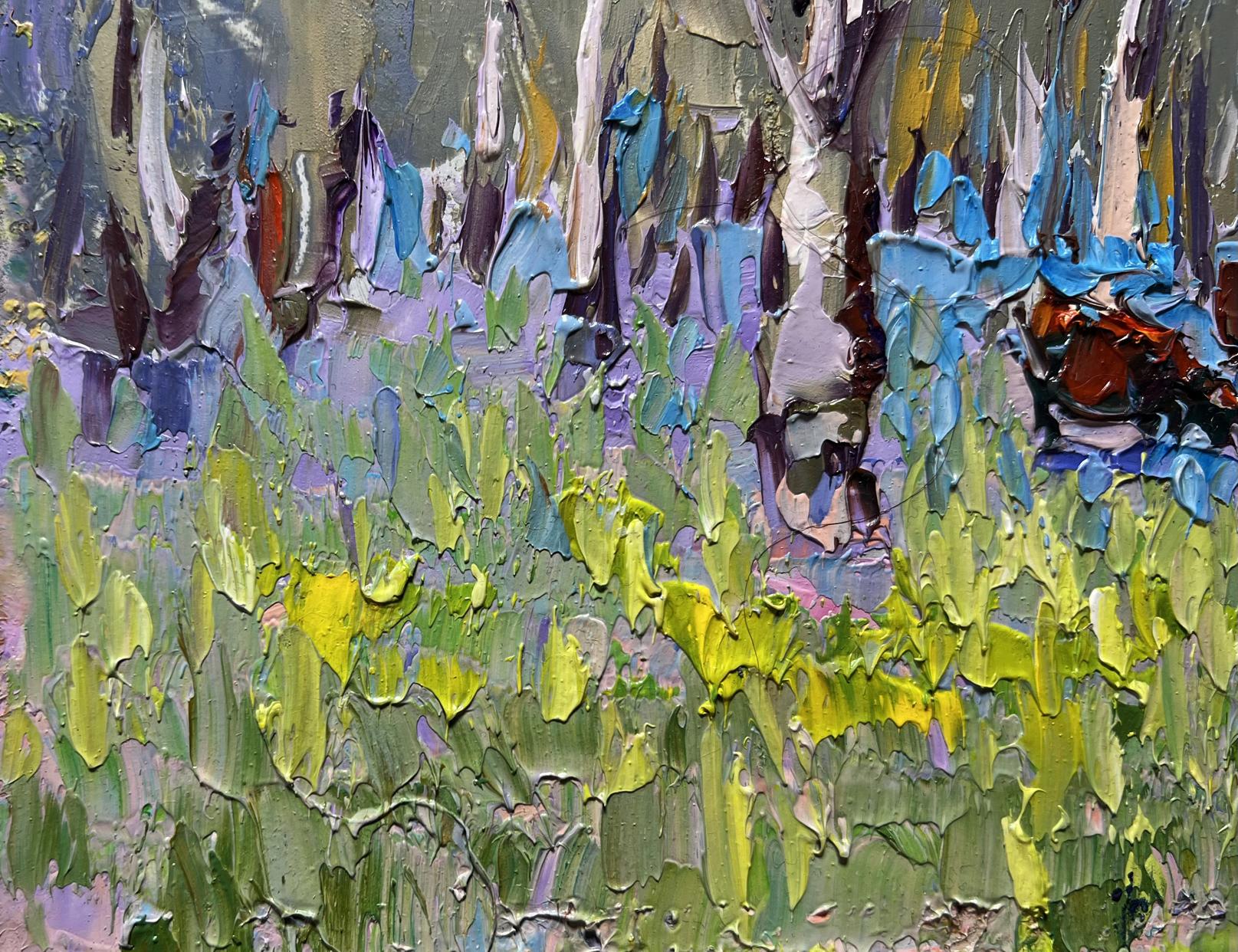 Textured impasto oil painting of early spring blooming meadows by Oleksiy Ivanyuk