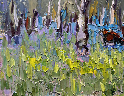 Textured impasto oil painting of early spring blooming meadows by Oleksiy Ivanyuk