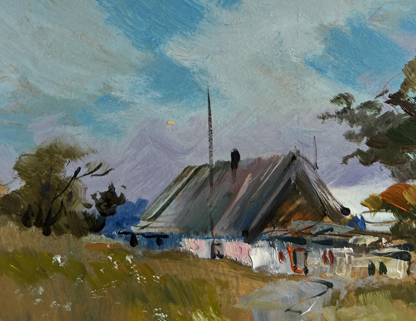 Oil painting of wild flowers near rustic thatched cottage by Yuriy Suprunchuk