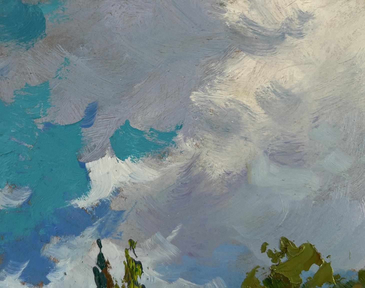 Abstract oil painting Past the outer houses by Yuriy Suprunchuk with textured white gray teal strokes on sky backdrop