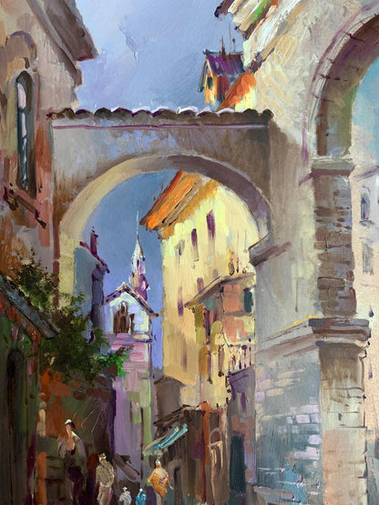 Warm-toned oil painting by Yuriy Suprunchuk of sunlit European city alley