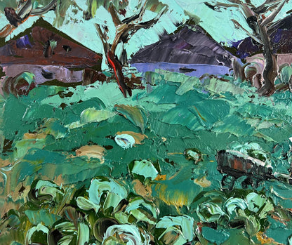 Vibrant impressionist oil painting by Oleksiy Ivanyuk with textured green foliage
