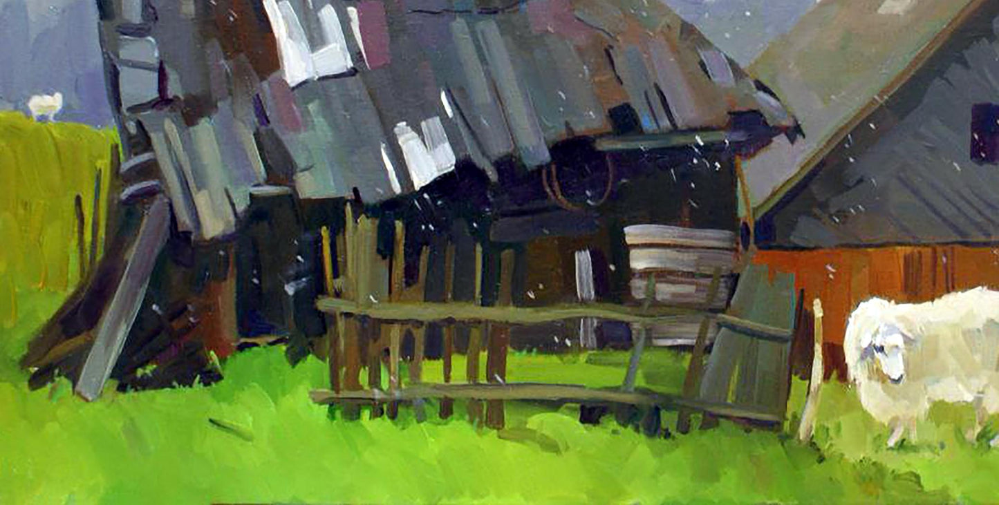 Oil painting First snow by Anastasia Yaroshevich: white sheep in green field by barn