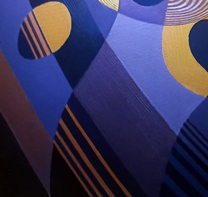 Oil painting of mother and child by Alexander Strashevich, abstract geometric blues and yellows