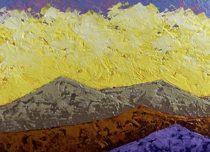 Oil painting by V. Zadorozhnya: textured mountains under vibrant yellow sky