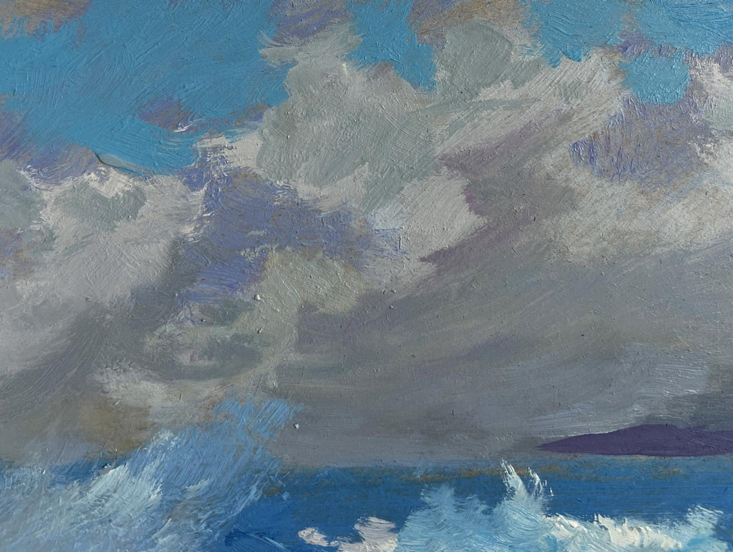 Oil painting Raging sea waves by Yuriy Suprunchuk with swirling clouds