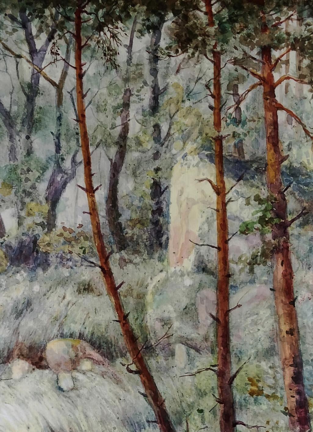 Watercolor forest at dawn by Vitaly Duhnevich with tall reddish-brown trees