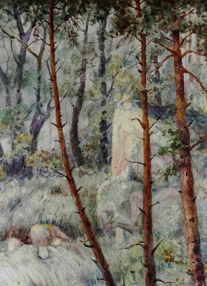 Watercolor forest at dawn by Vitaly Duhnevich with tall reddish-brown trees