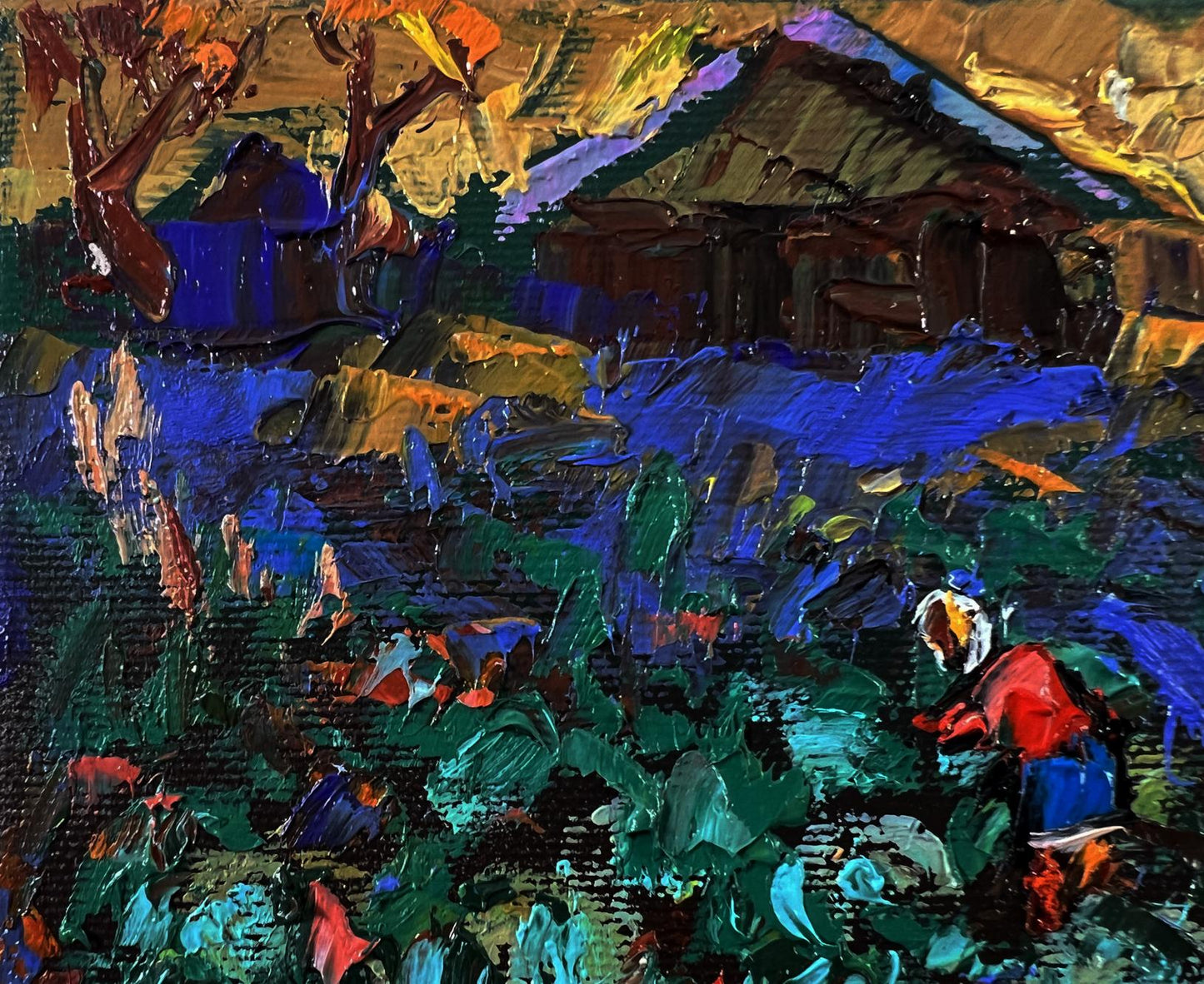 Vibrant Oleksiy Ivanyuk oil painting of village evening garden landscape