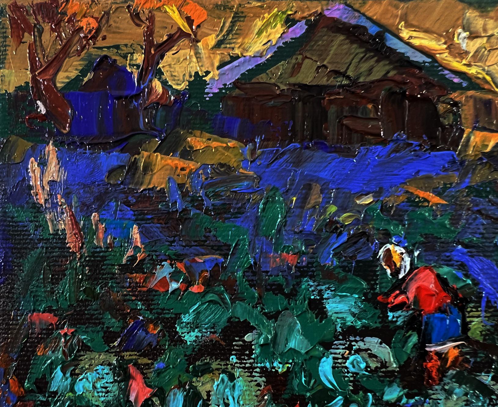 Vibrant Oleksiy Ivanyuk oil painting of village evening garden landscape