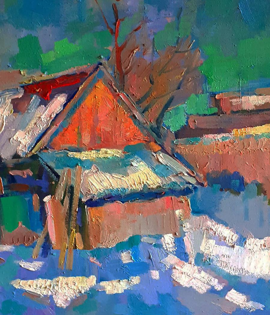 Oil painting of winter snowy morning rustic house by Peter Dobrev