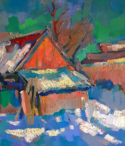 Oil painting of winter snowy morning rustic house by Peter Dobrev