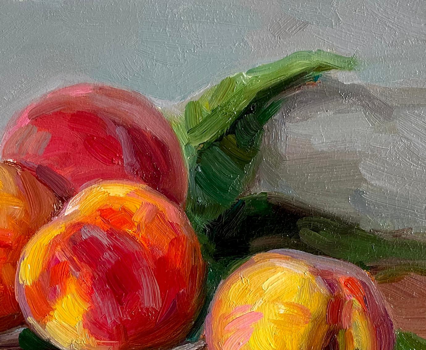 Oil painting of ripe peaches on plate by Vyacheslav Pereta