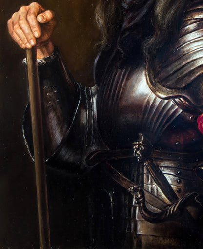 Oil painting of Valeriy Bulat self-portrait in polished dark knight armor with red rose