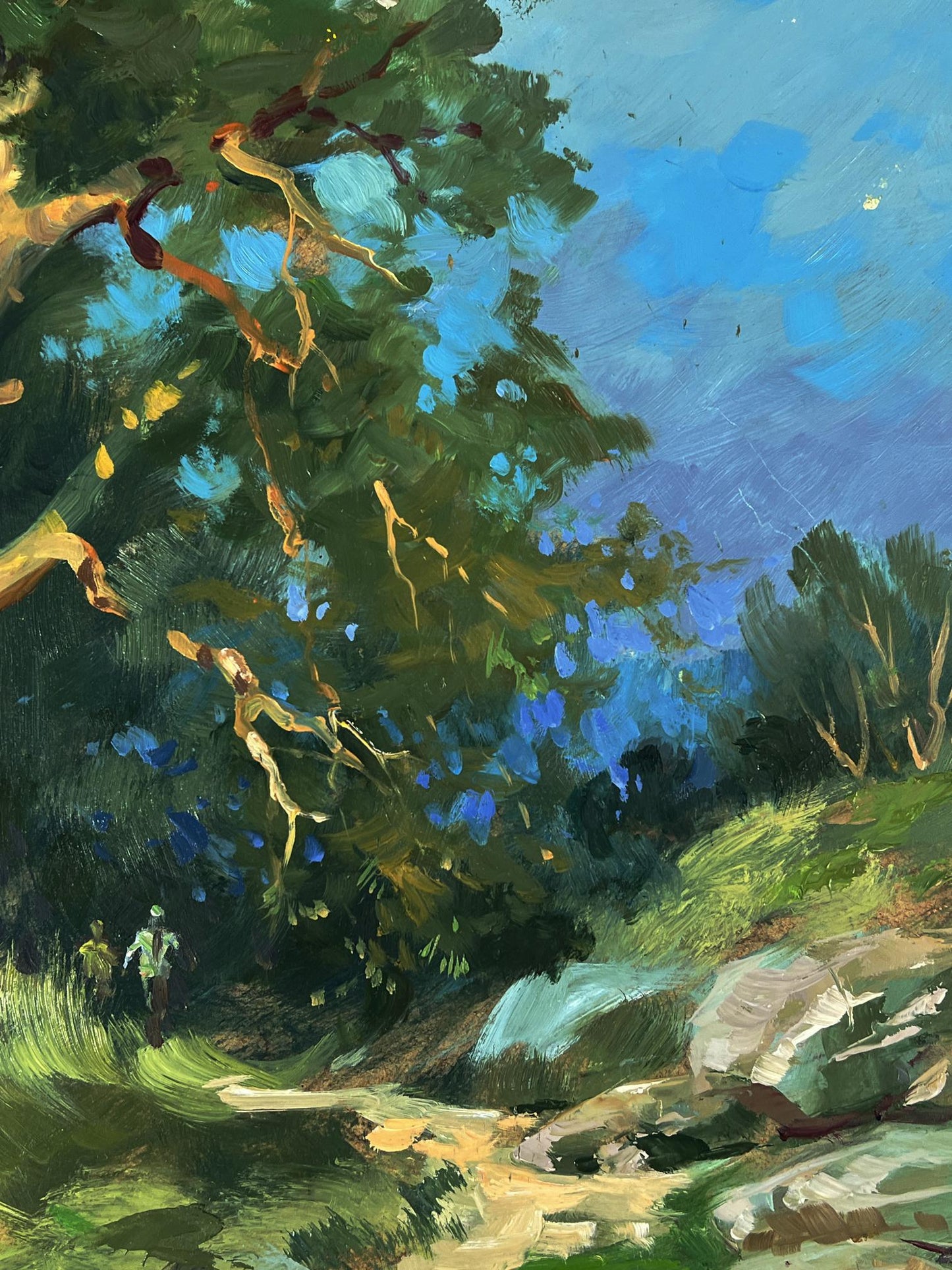 Vibrant impressionist oil painting of daytime road into sunlit forest by Yuriy Suprunchuk