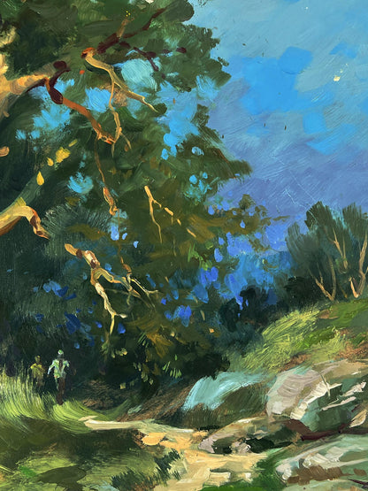 Vibrant impressionist oil painting of daytime road into sunlit forest by Yuriy Suprunchuk