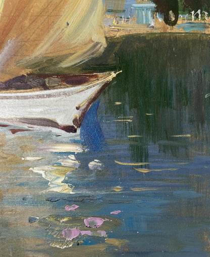 Oil painting of white sailboat with tan sail in calm water by Yuriy Suprunchuk