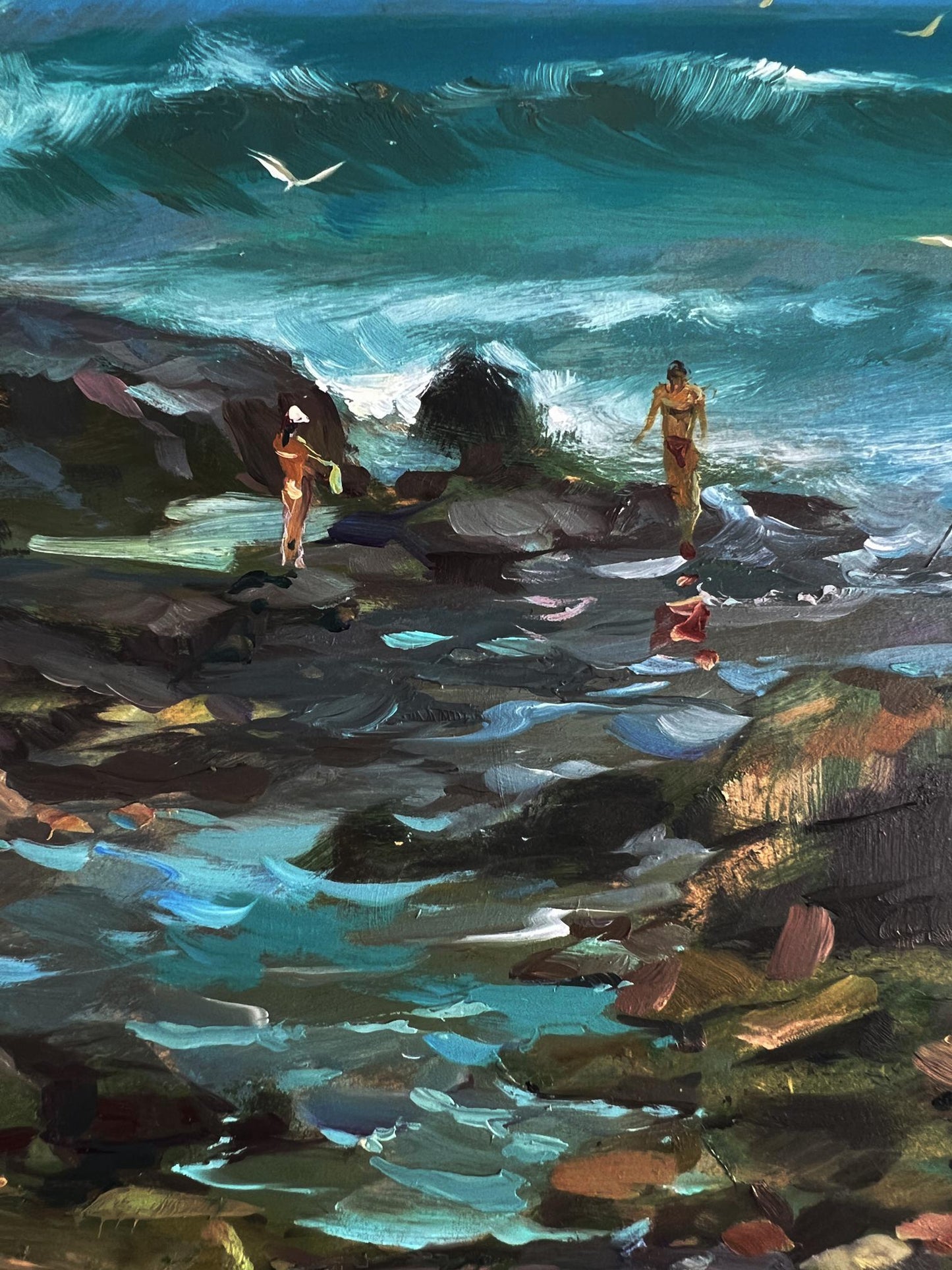 Oil painting by Yuriy Suprunchuk: turquoise waves crash on rocks with figures on shore
