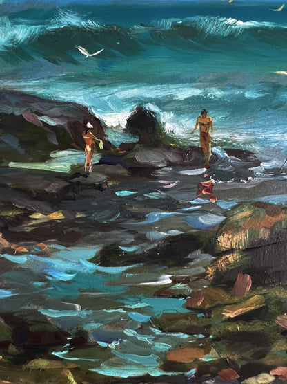 Oil painting by Yuriy Suprunchuk: turquoise waves crash on rocks with figures on shore