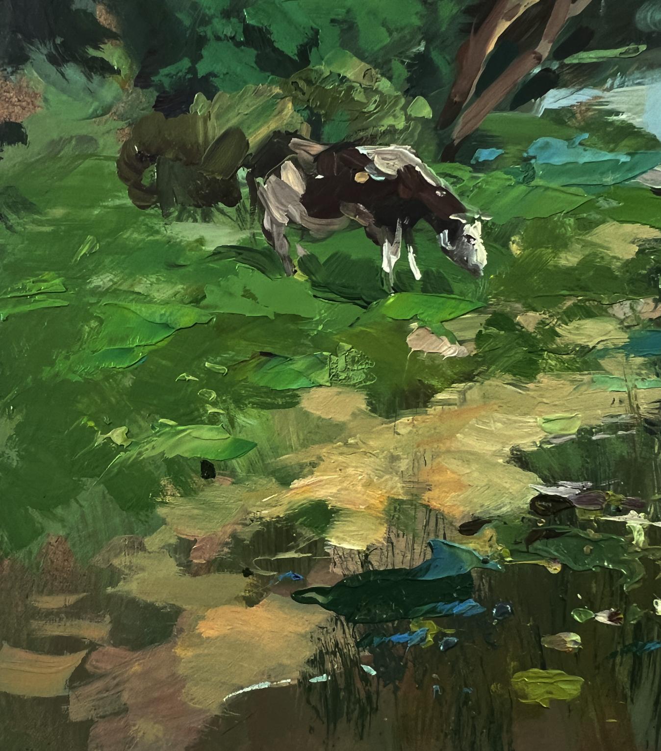 Black and white cow grazing in lush fields, Yuriy Suprunchuk oil painting