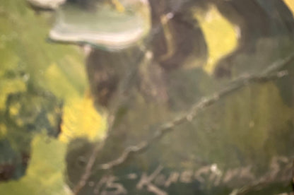 Blurry abstract oil painting Summer sketch by Boris Kolesnik, green yellow tones