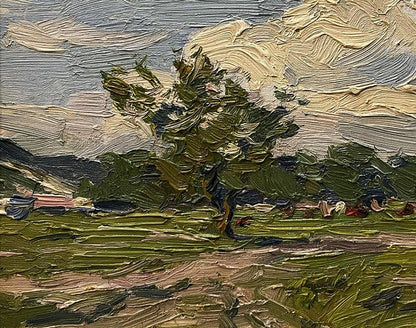 Textured impressionist oil painting of solitary tree by Yury Konovalov