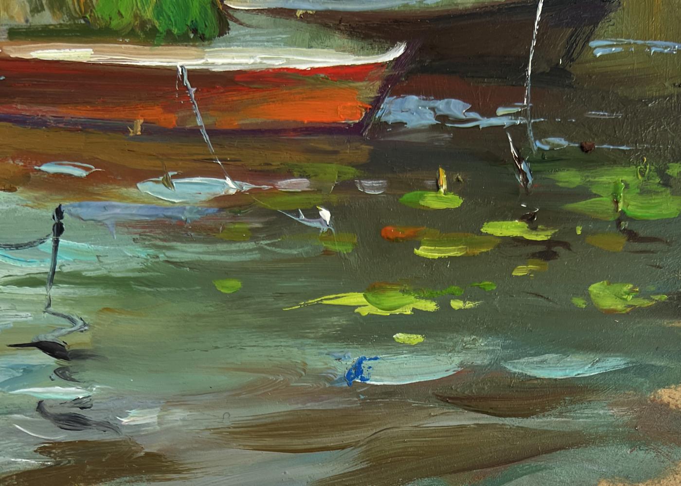 Oil painting of red and white boats moored on shore by Yuriy Suprunchuk