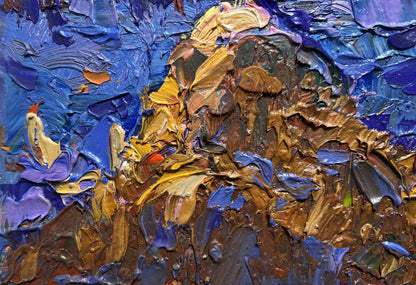 Oil painting Dusk fell on the field by Oleksiy Ivanyuk with impasto blue and yellow strokes