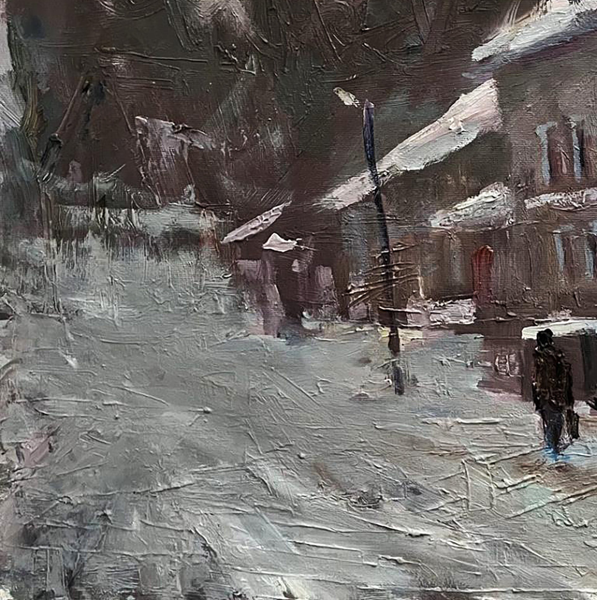 Textured impressionistic oil painting of snowy city street by Volodymyr Pashchenko