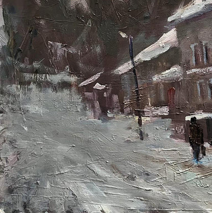 Textured impressionistic oil painting of snowy city street by Volodymyr Pashchenko