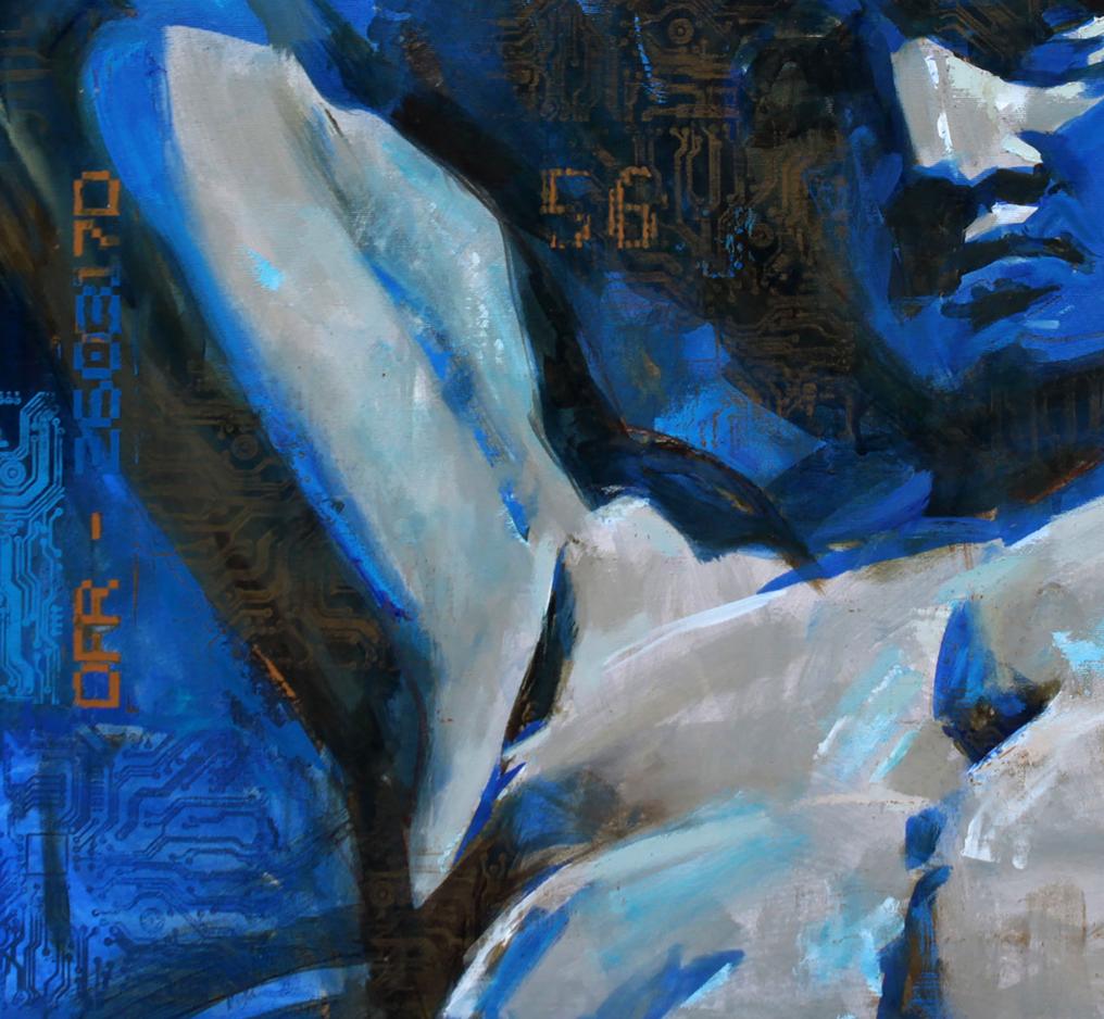 Oil painting Atlant Ed Potapenkov with blue white brushstrokes on circuit board
