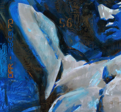 Oil painting Atlant Ed Potapenkov with blue white brushstrokes on circuit board