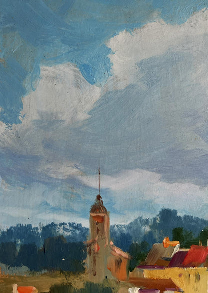 Oil painting of painted church steeple with reddish-brown roof against dynamic sky by Yuriy Suprunchuk