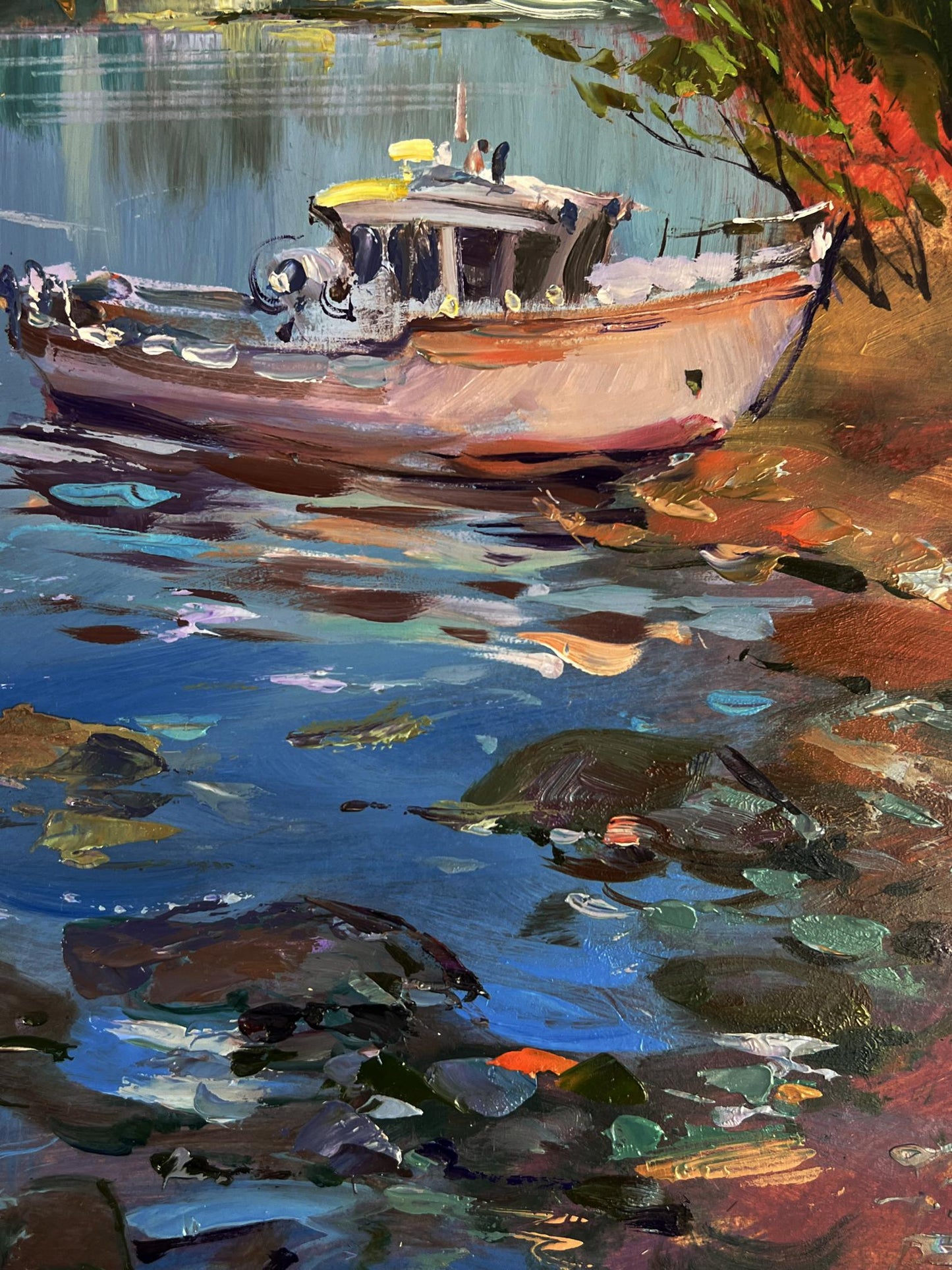 Oil painting of rustic boat near shore by Yuriy Suprunchuk