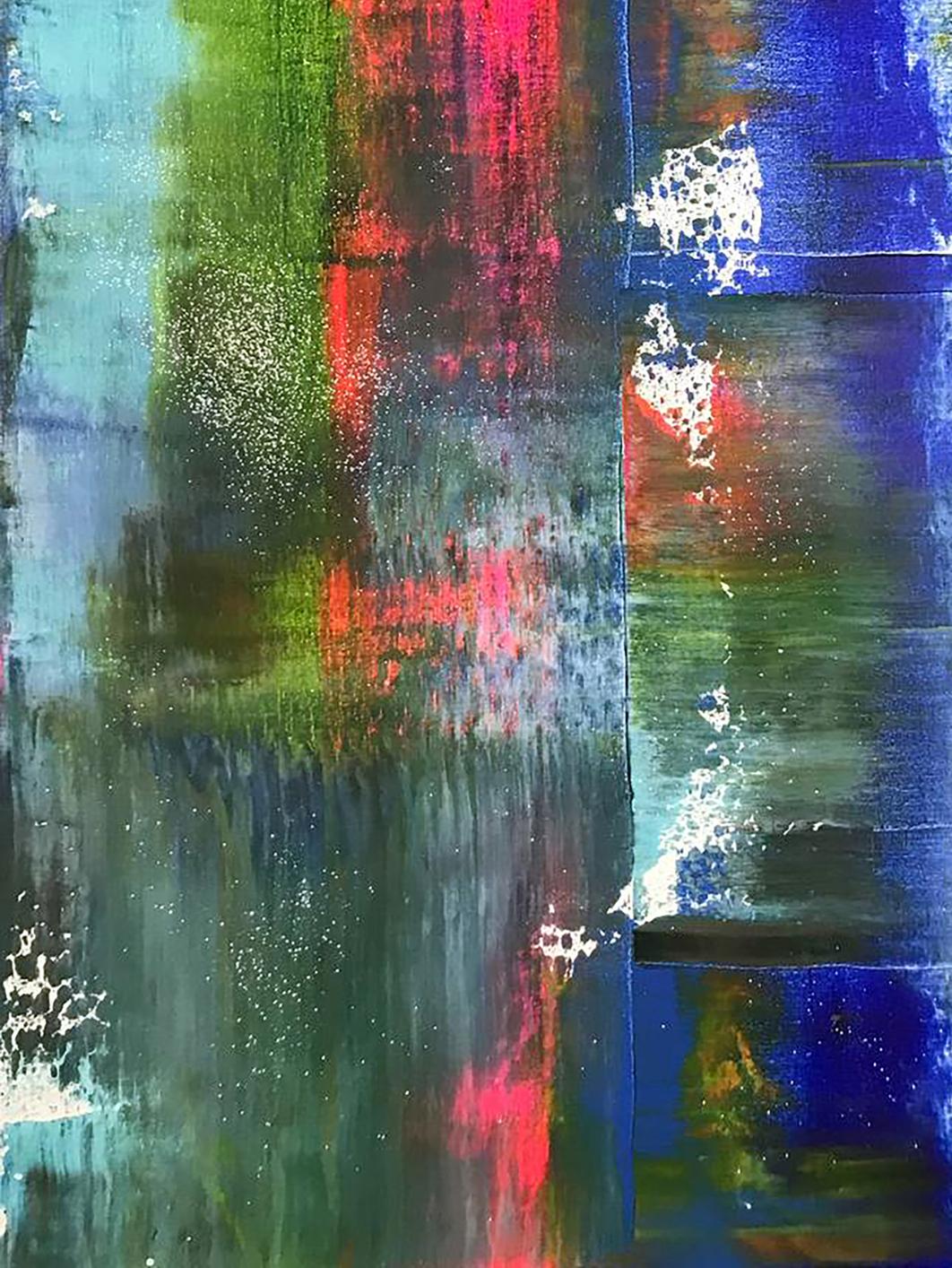 Acrylic painting Ultramarine Drive by Olga Melezhik with bold green red blue streaks