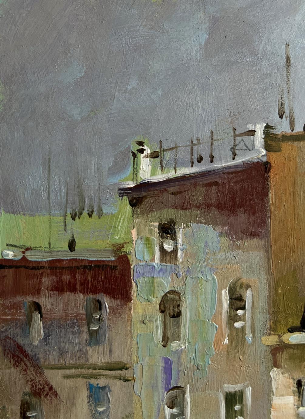 Textured impressionistic oil painting Shadows of a City Street by Yuriy Suprunchuk