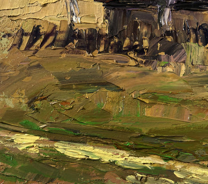 Oil painting by Boris Serdyuk: village cows grazing in textured impasto landscape