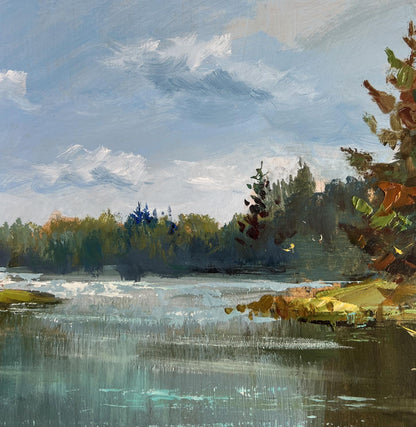 Serene impressionistic oil painting of lonely boat by river by Yuriy Suprunchuk