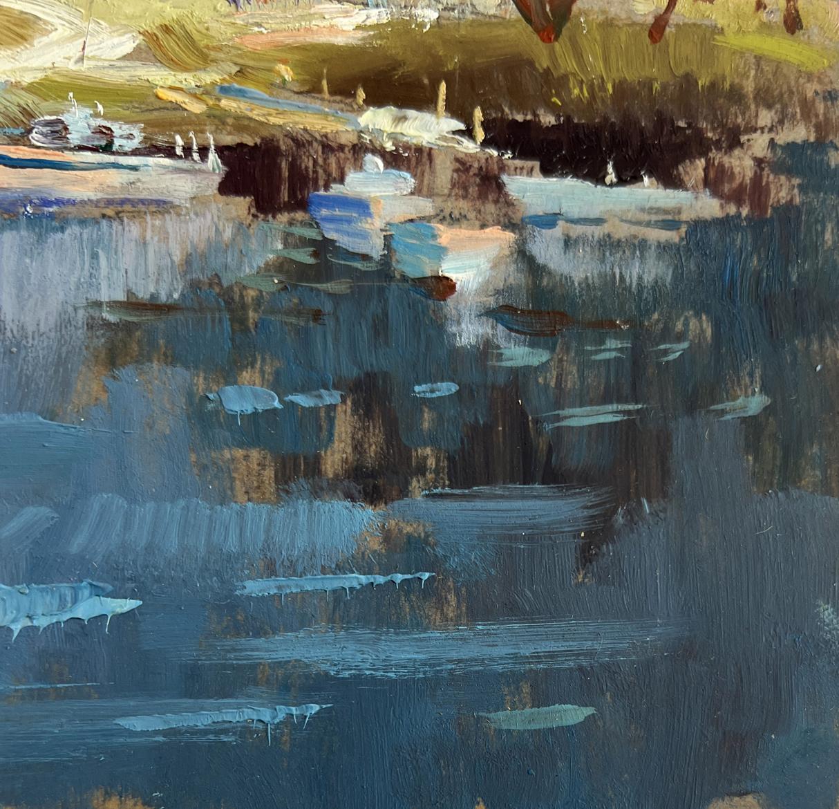 Abstract oil painting of sailboats on shore by Yuriy Suprunchuk