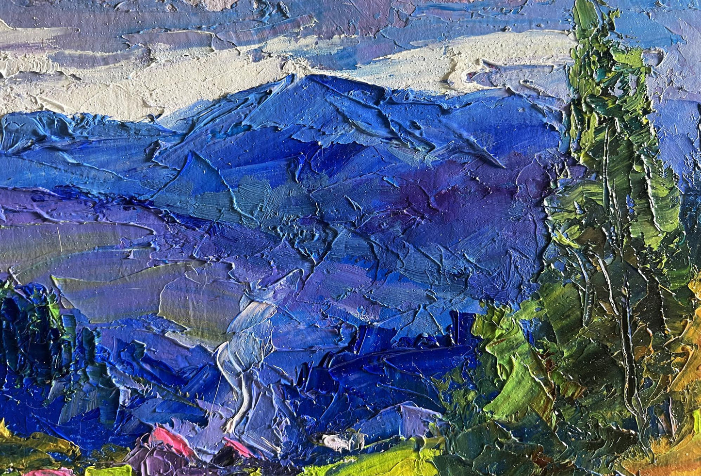 Oil painting Village in the Mountains by Boris Serdyuk with blue purple peaks green foliage