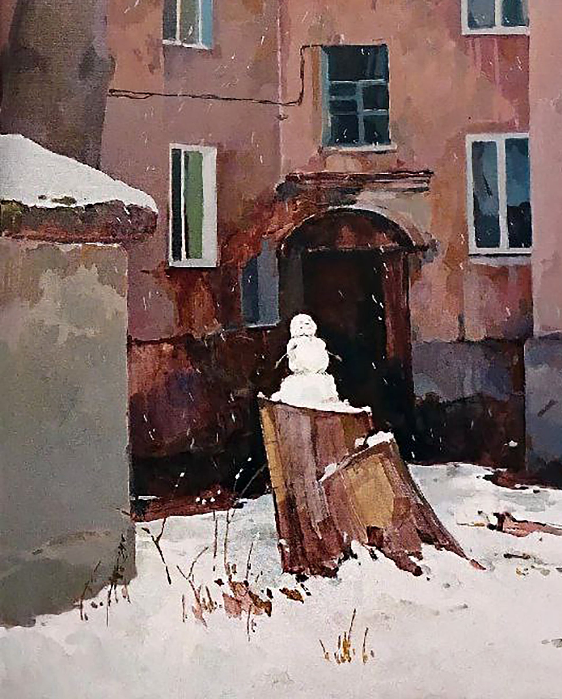 Oil painting Morning in the city by Anastasia Yaroshevich: small snowman on snowy stump