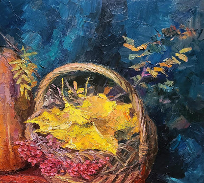 Oil painting Still life with pumpkin by Boris Serdyuk with wicker basket of yellow pink autumn leaves