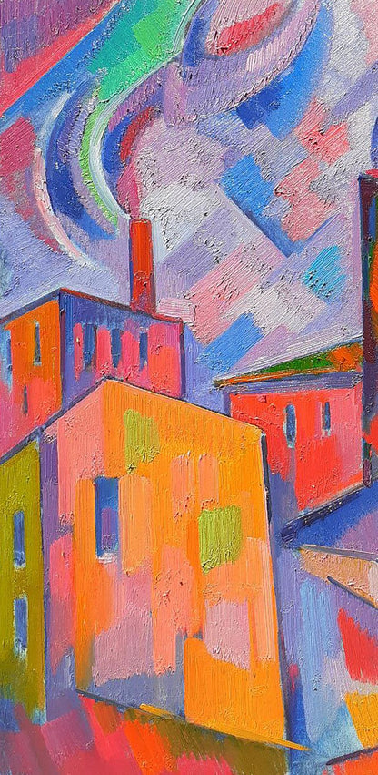 Vibrant oil painting of industrial buildings by Peter Dobrev