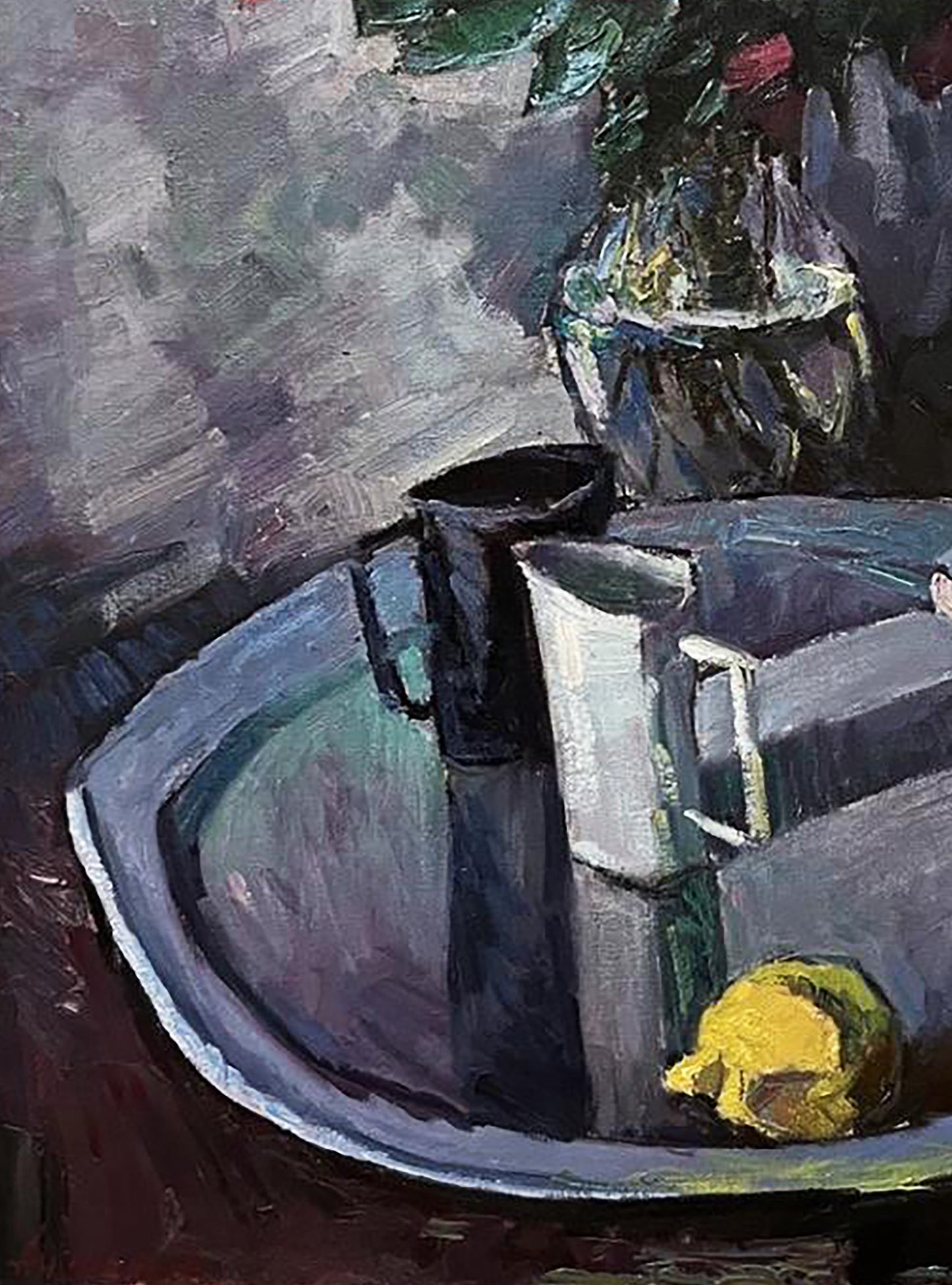 Oil painting still life by Oleksandr Andreev: dark matte pitcher beside light one on tray