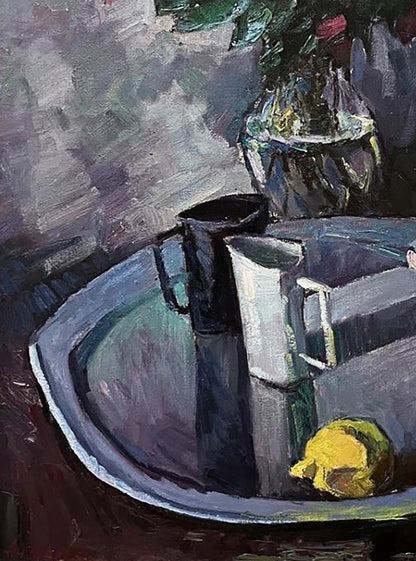 Oil painting still life by Oleksandr Andreev: dark matte pitcher beside light one on tray