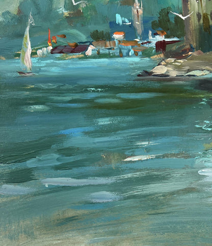 Textured impressionist sailboat painting by Yuriy Suprunchuk on teal water
