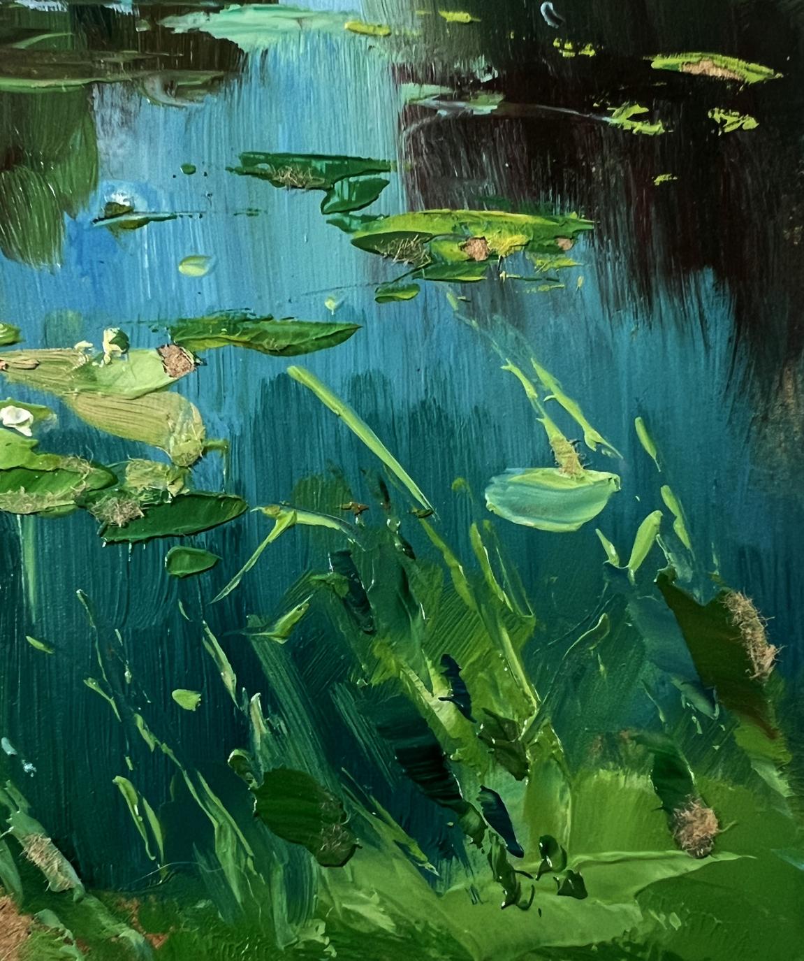 Impressionistic oil painting of lily pads on forest river by Yuriy Suprunchuk
