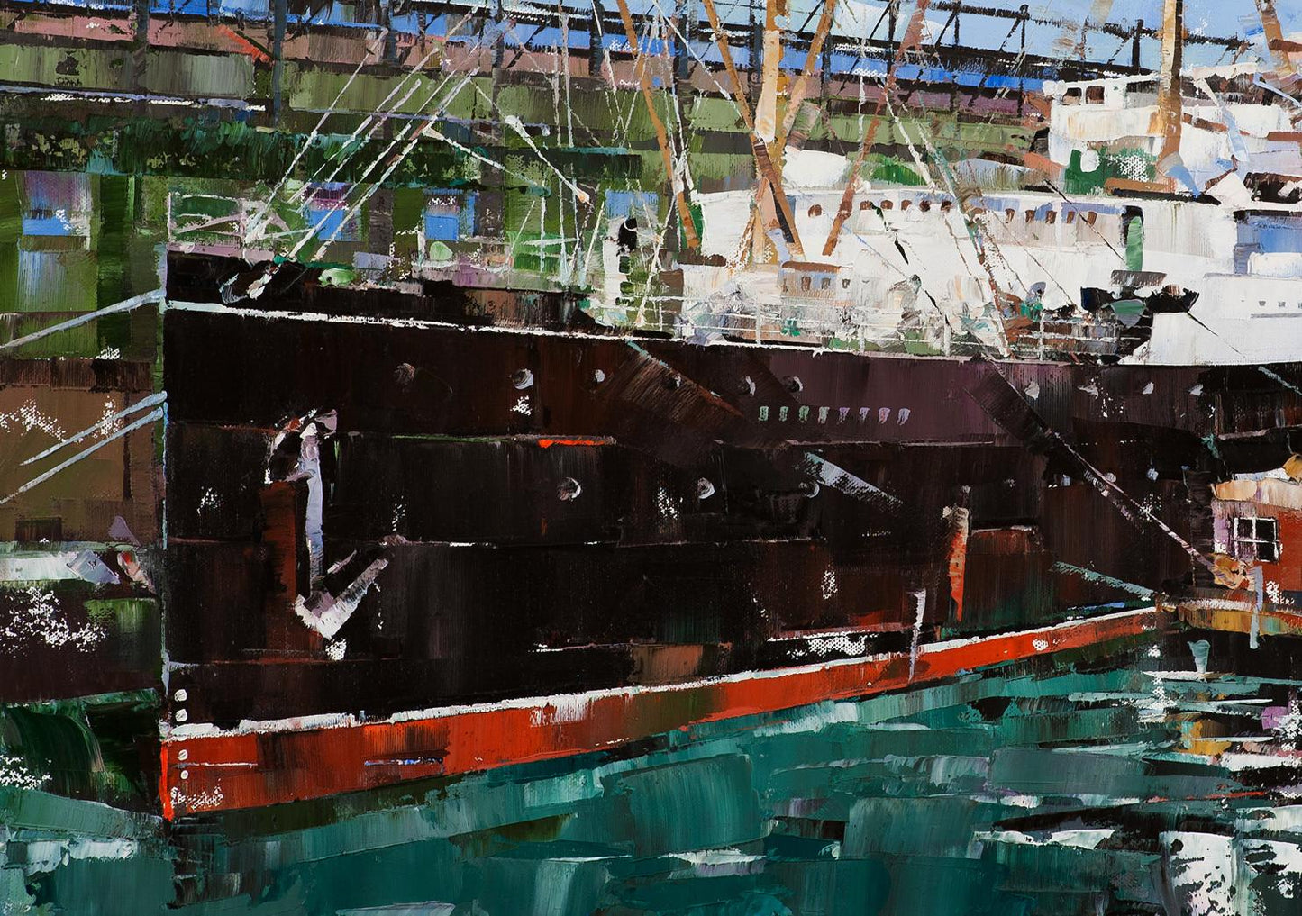 Oil painting of RMS Carpathia by Volodymyr Gluhomanyuk, dark cargo ship docked